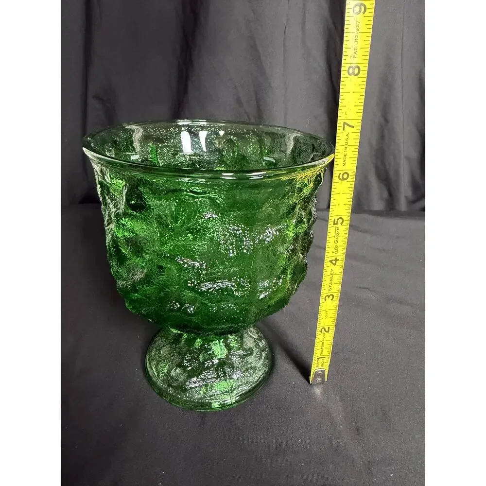 Vintage Anchor Hocking Emerald Green Bark Glass Pedestal Vase Planter Urn 7